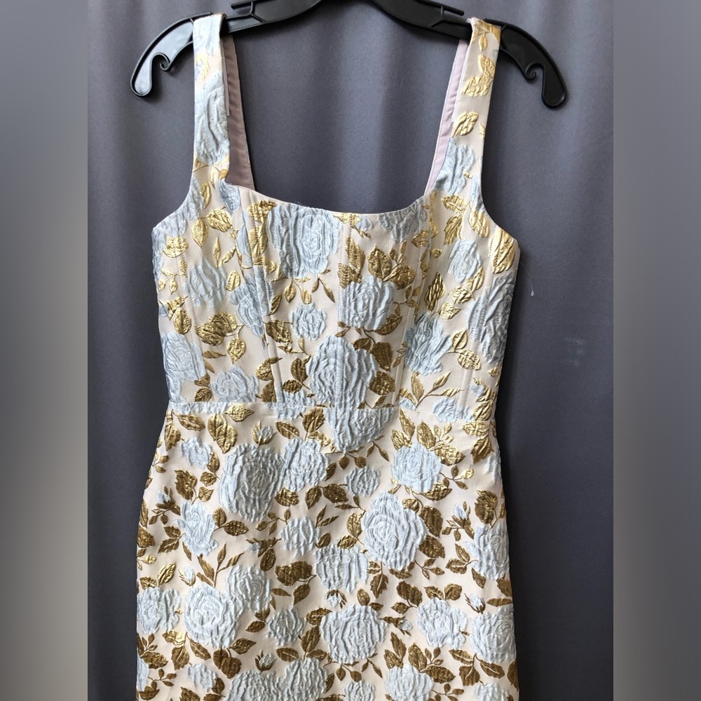 Dessy Collection Metallic Gold and Silver Floral Jacquard Maxi Dress - Picture 1 of 10